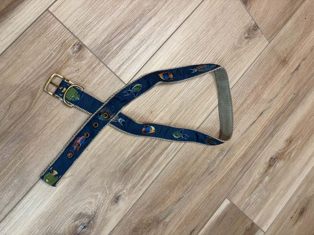 Vintage Tropical Fish Embroidered Ribbon Belt Navy Blue Size M